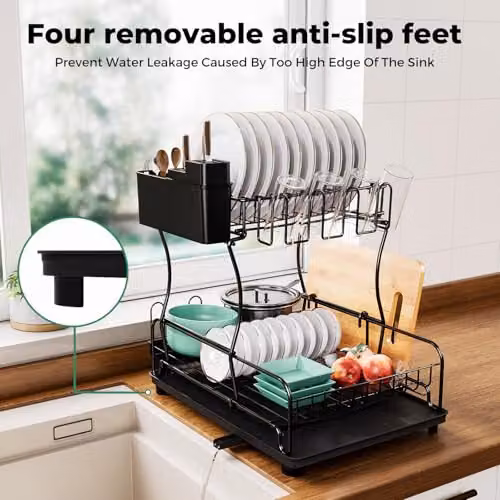 Toque 2-Tier Expandable Dish Drainer Rack in Black with Cutlery Holder and Drip Tray – 8