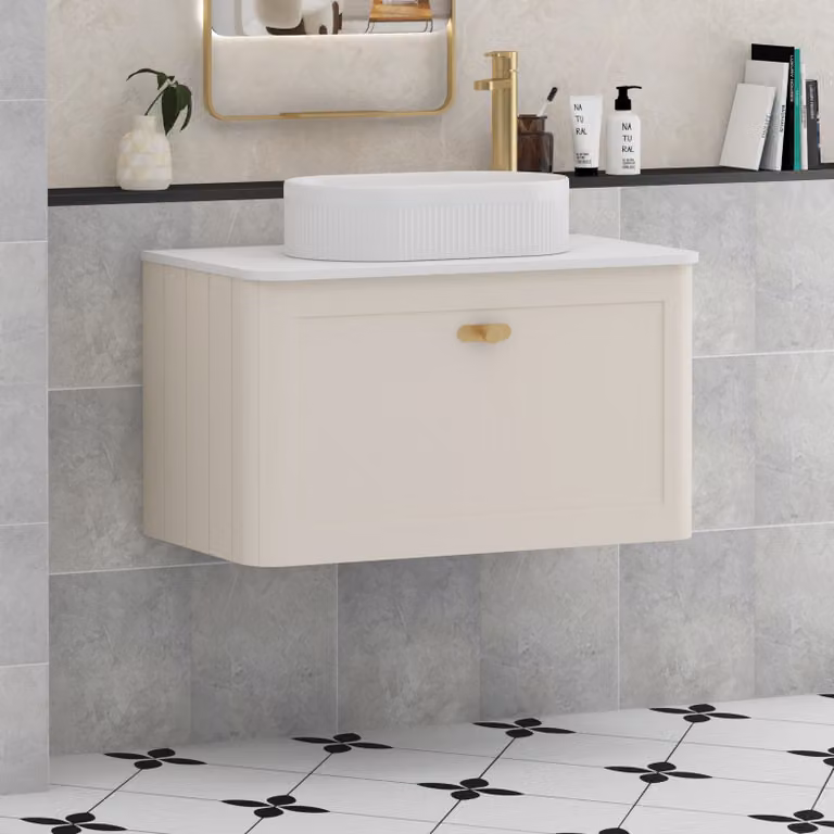 Royal Bathrooms Henley 800mm Wall Hung Vanity Unit in Mushroom Cashmere with Plain White Worktop, Lyon Basin and Brushed Brass Knob