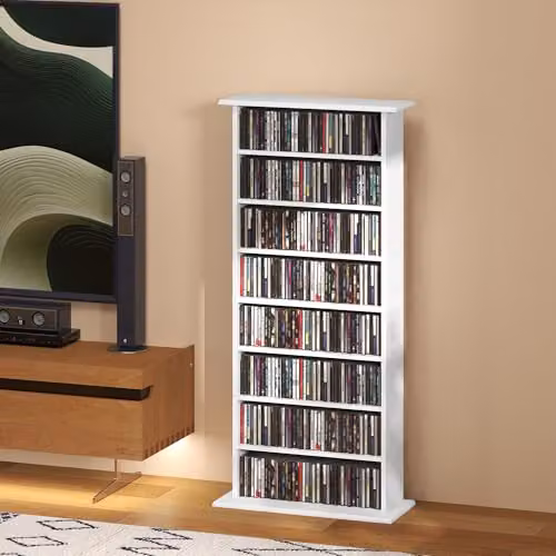 HOMCOM White Modern CD and DVD Storage Unit with 6 Adjustable Shelves, W/D/H: 58.0 x 24.0 x 126.3 cm – 6