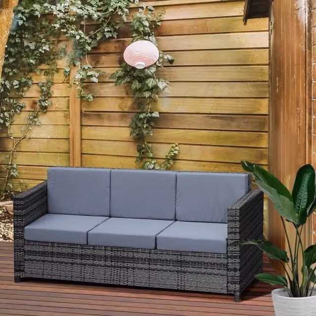 OUTSUNNY Grey Rattan Wicker 3-Seater Sofa with Cushions and Steel Frame – 1