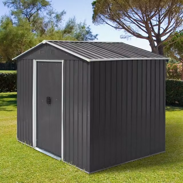 Outsunny Grey Metal Outdoor Garden Storage Shed with Pent Roof and Sliding Doors