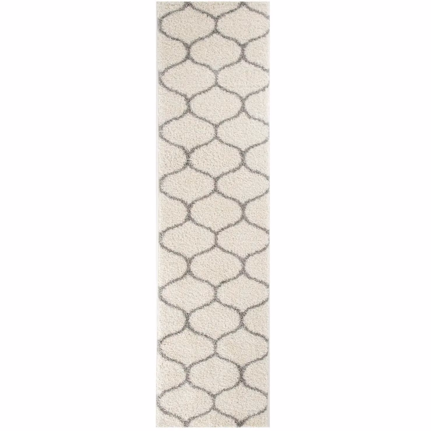 THE RUGS Soft Trellis Moroccan Shaggy Round Rug in Ivory, Grey and White, Diameter: 120 cm – 4