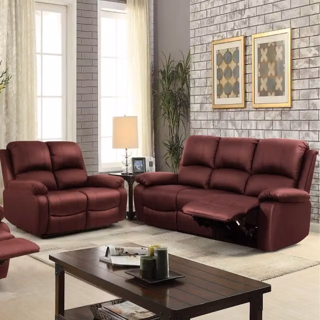 Comfy Living Red PU Leather Reclining Sofa Set with 3 Seater and 2 Seater Sofas