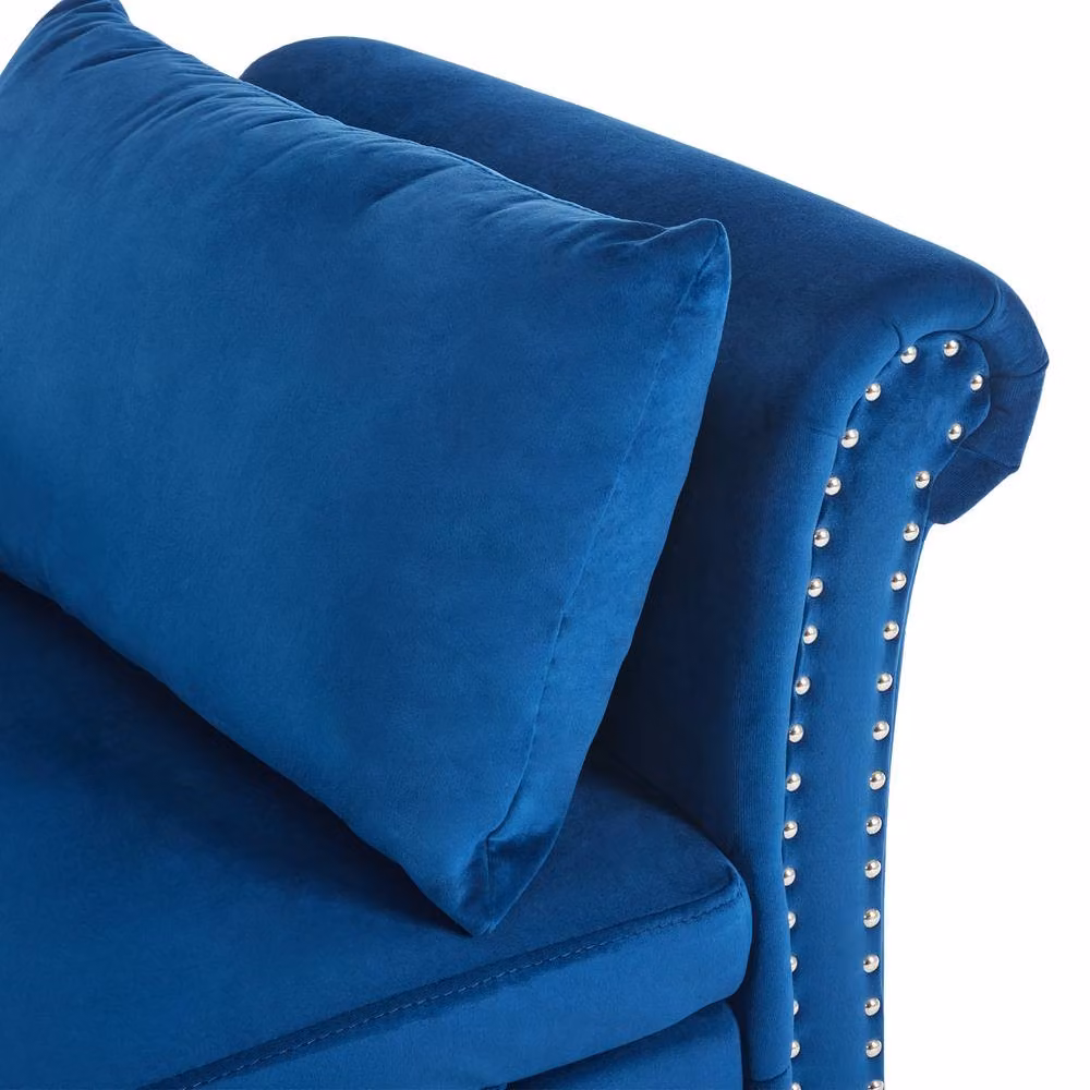 BTM Blue Velvet Chaise Lounge with Storage and Pillow, Right Armrest – 8