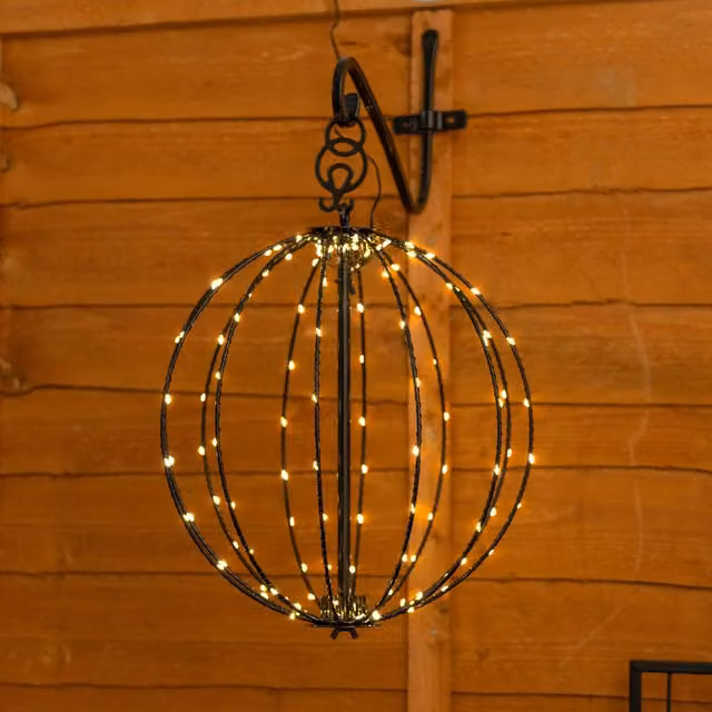 ValueLights Black Metal Wire Frame Solar LED Sphere Hanging Stake Light with Warm White Effect
