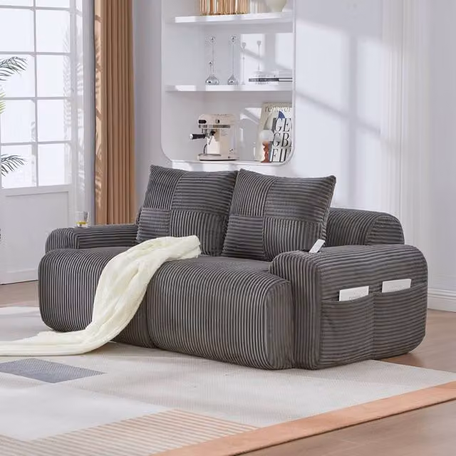 BTM Modular 2 Seater Corduroy Sofa in Grey with Cup Holders, W/D/H: 200 x 80 x 80 cm – 1