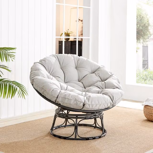 FurnitureboxUK Modern Rattan Moon Chair with Grey Cushions in Black