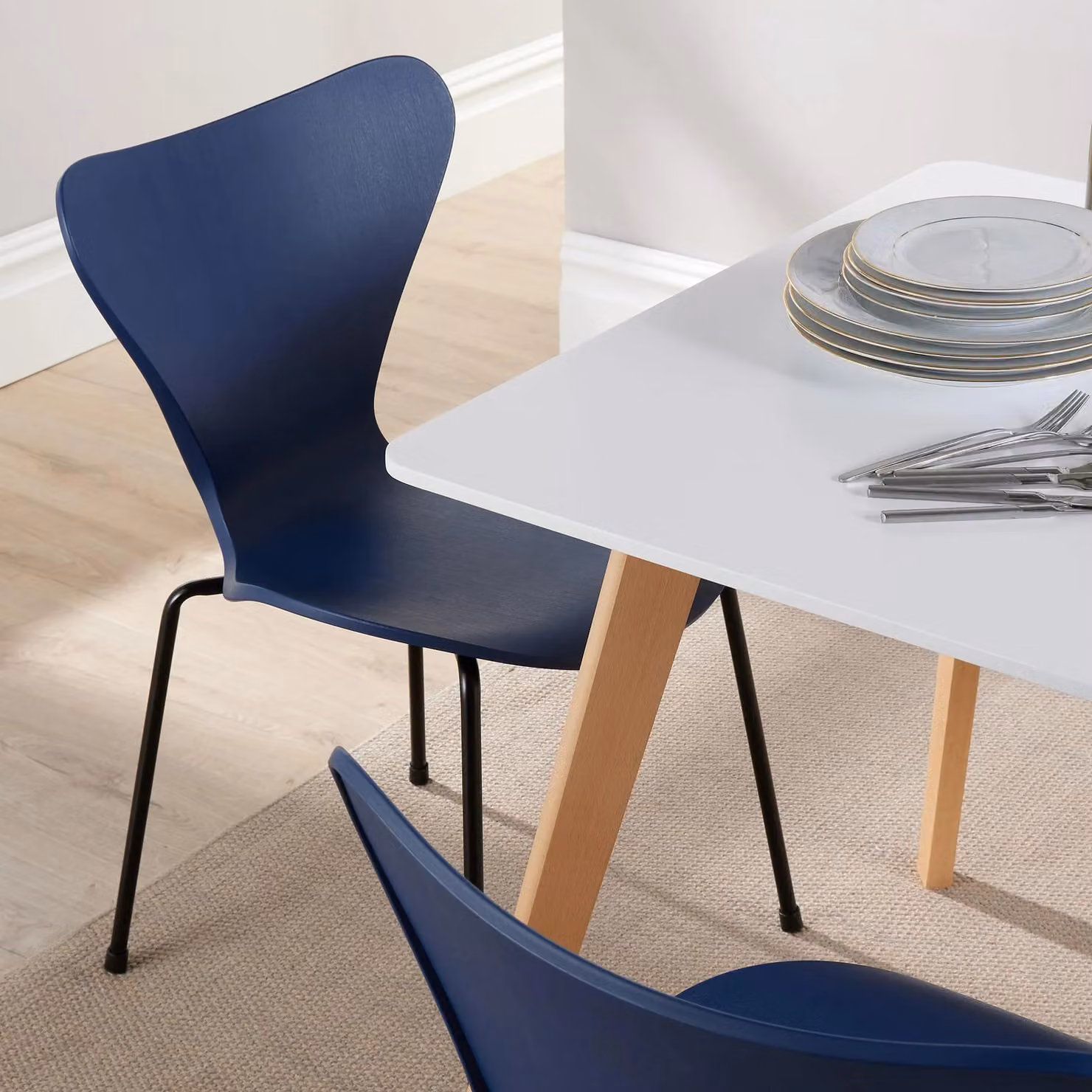 Home Source Fleur Dining Set with Rectangular White Table and 4 Navy Blue Penny Chairs – 4