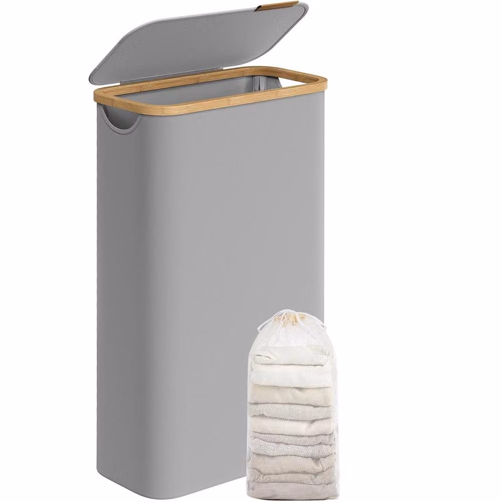 The Bazaarist Slim Laundry Hamper with Lid, Mesh Liner and Bamboo Handles, Light Grey – 2