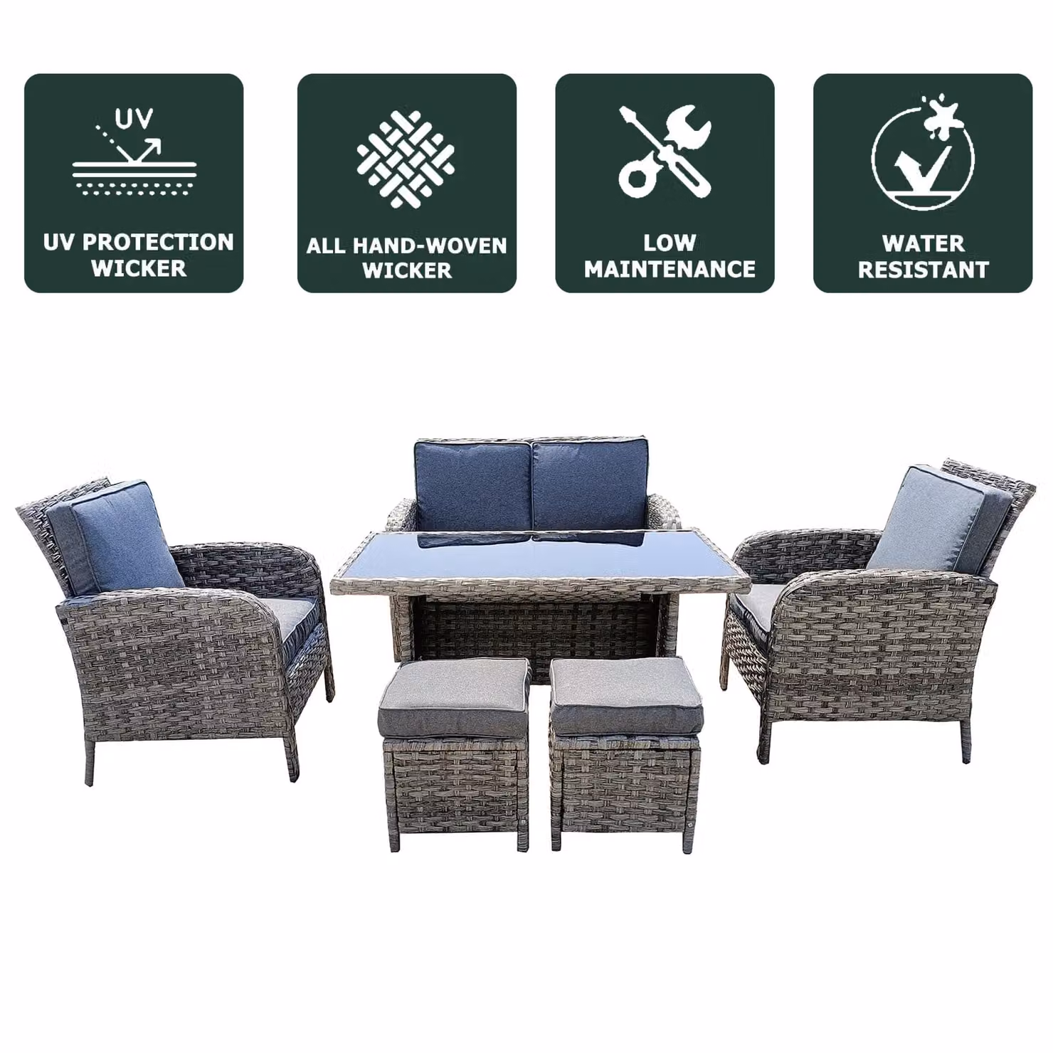 FURNITURE ONE Grey Rattan 6 Seater Garden Furniture Set with Dining Table and Stools – 5