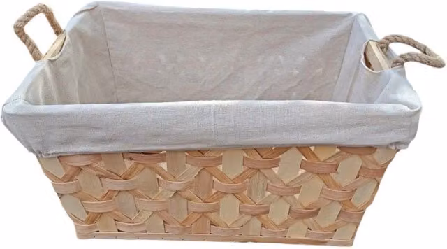 Red Hamper Wooden Open Weave Storage Basket with Rope Handles and Removable Cotton Lining in Brown, Red and Beige