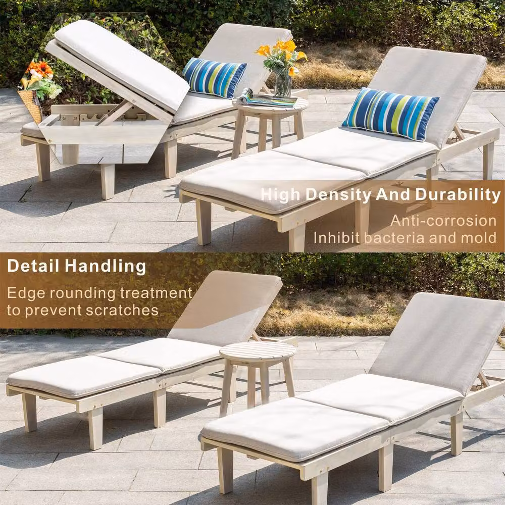 Direct Wicker Acacia Wood Adjustable Twin Lounge with Side Table in Cream – 3