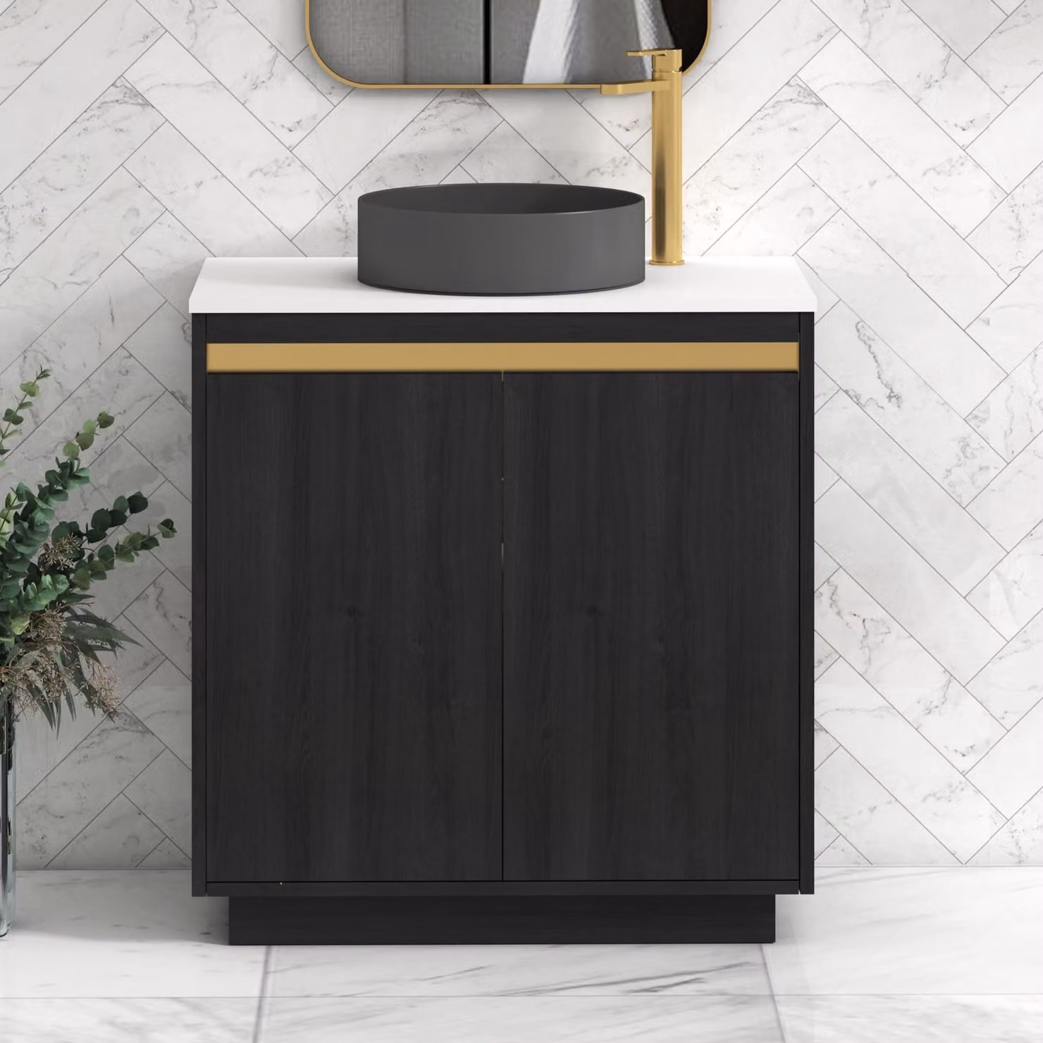 Royal Bathrooms Orion 800mm Hale Black and White Floor Standing Vanity Unit with 2 Soft Close Doors, Art Round Basin and Brushed Brass Accent Trim
