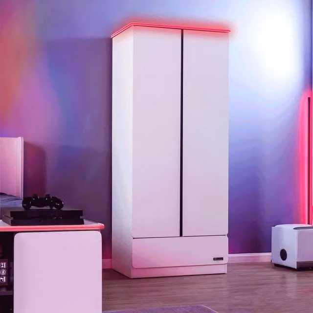 X Rocker Carbon-Tek 2 Door Wardrobe with Drawer and Integrated LED Lighting in White