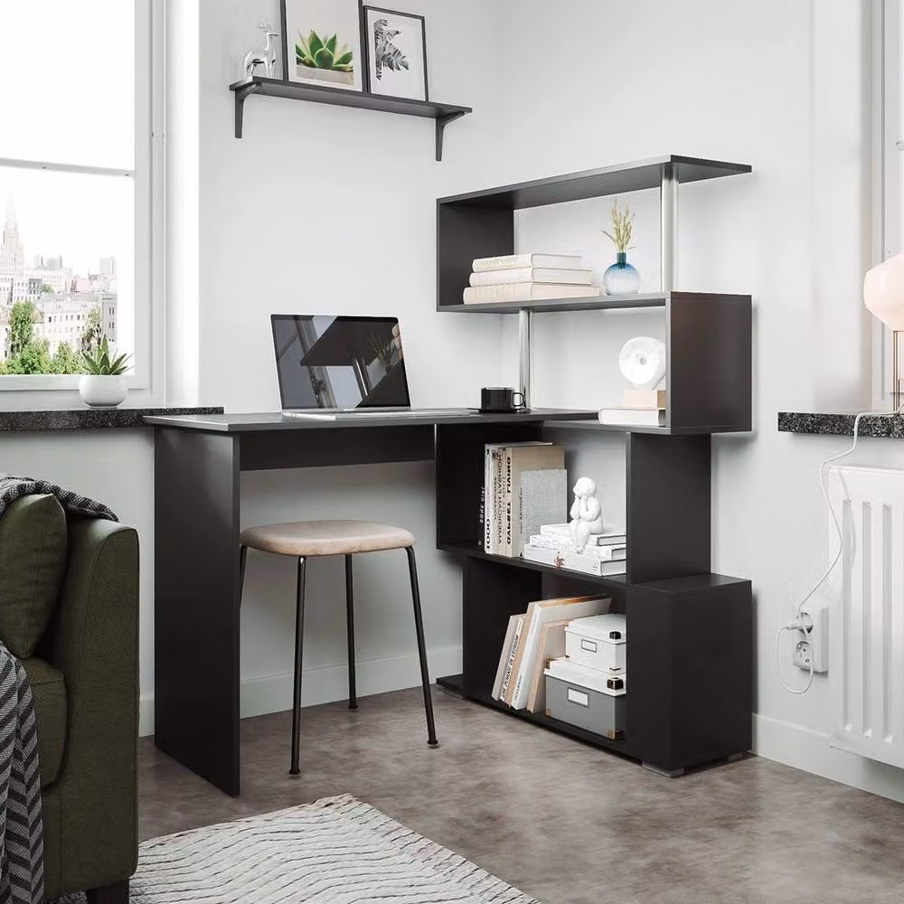 FORGEVIO L-Shaped Corner Computer Desk with Rotating Top and Shelving in Black – 2