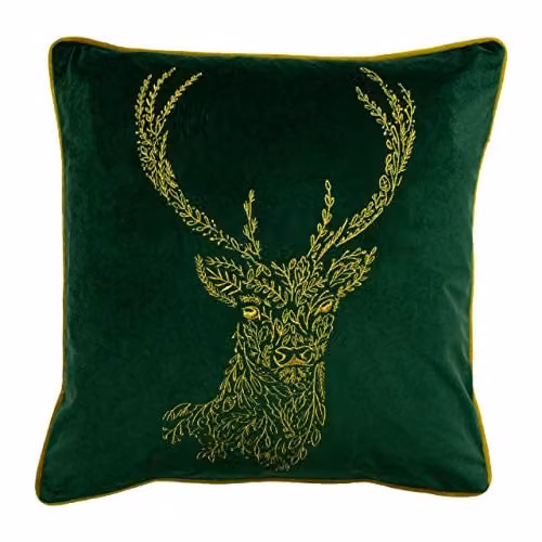 Furn Forest Fauna Embroidered Woodland Stag Velvet Cushion in Green and Gold, W/D/H: 50 x 50 x 50 cm – 1