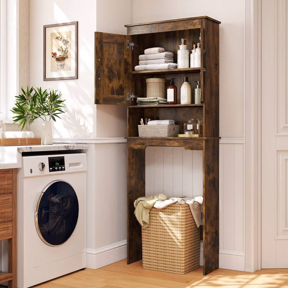Costway Freestanding Over The Toilet Storage Cabinet with Hinged Doors and Open Shelf in Brown Rustic Wood – 7