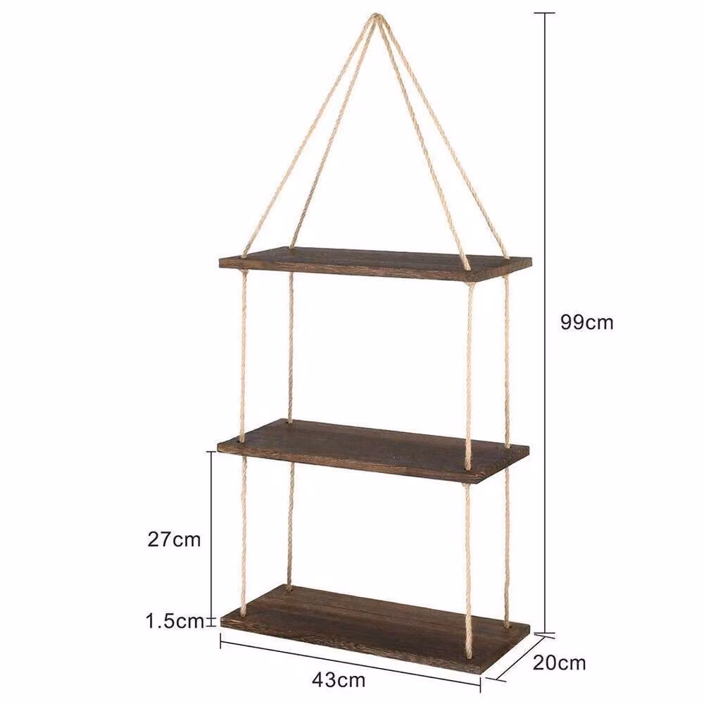 FLAVORA Rustic Brown Wood Rope Hanging Floating Wall Shelves – 2