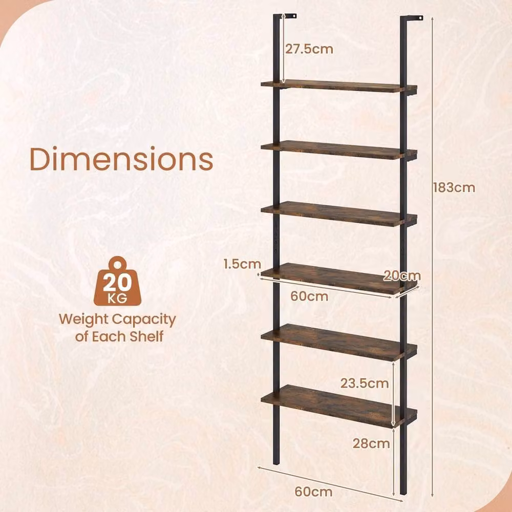 FORGEVIO 6-Tier Industrial Ladder Shelf with Metal Frame in Brown – 2