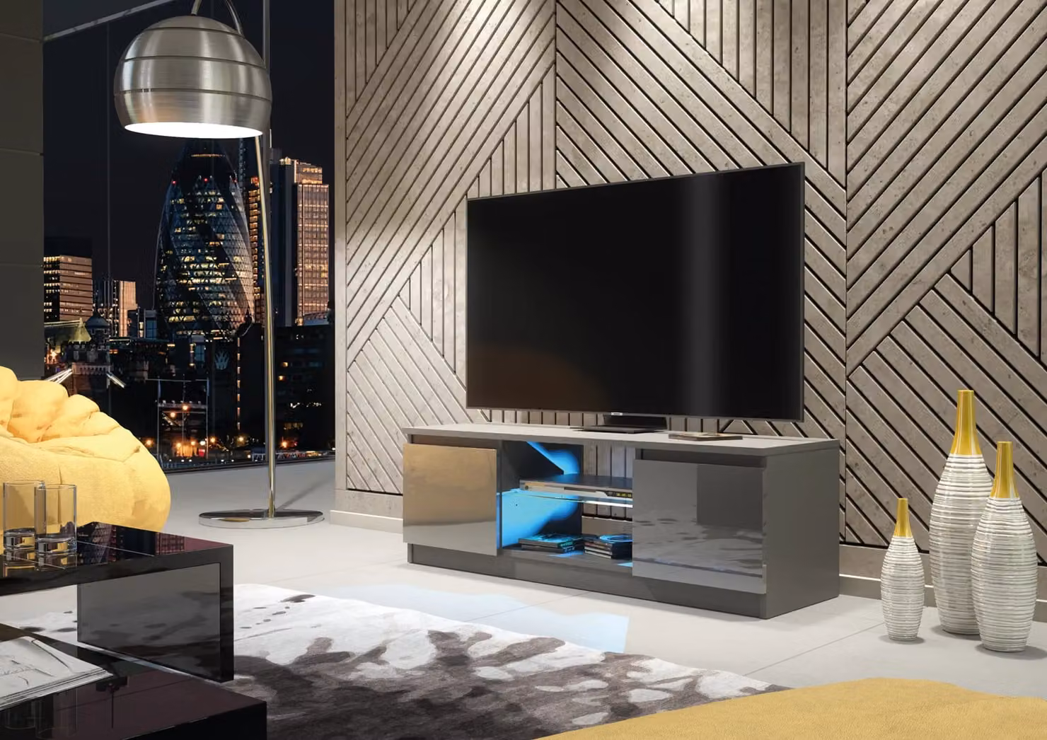 Mex Furniture LTD Modern Glossy TV Unit with LED Lighting in Dark Grey, W: 120 cm, D: 40 cm, H: 38 cm – 3