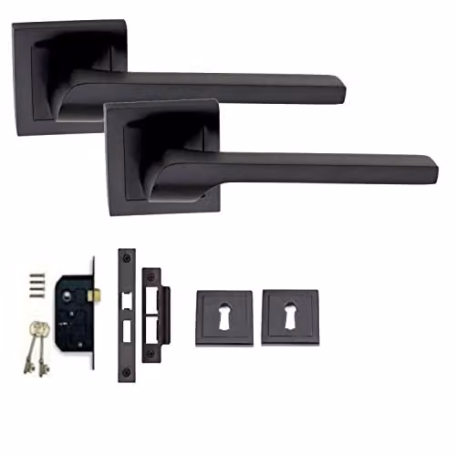 Golden Grace Sigma Door Handle with Square Rose and Key Lock Set in Matt Black – 1