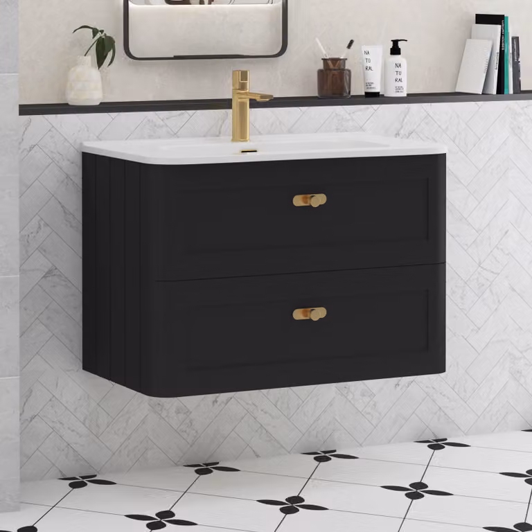 Royal Bathrooms Henley 800mm Matt Nocturne Black Wall Hung Vanity Unit with 2 Drawers, Ceramic Basin and Brushed Brass Knob