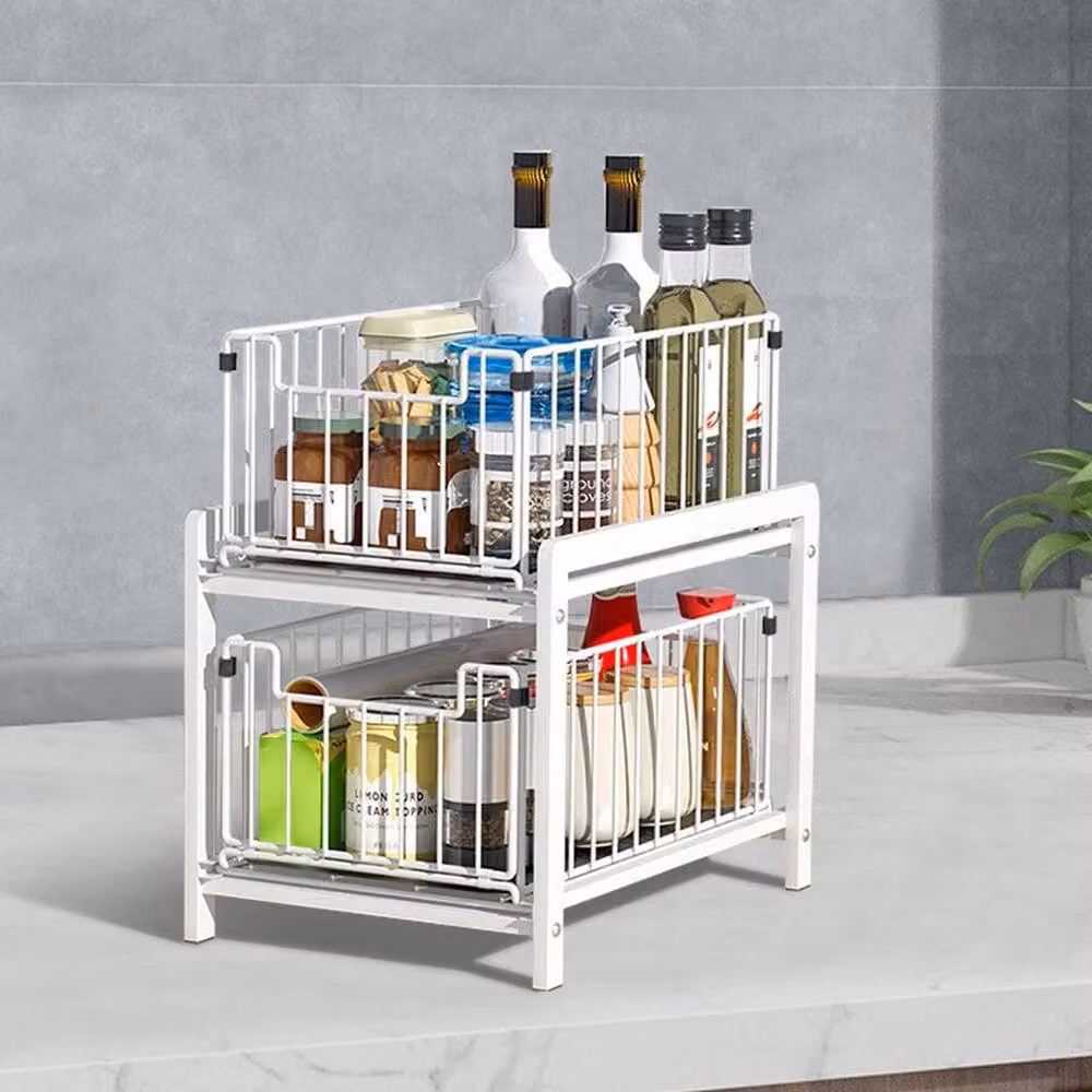 EONLION 2-Tier Metal Sliding Basket Under Sink Storage Drawer in White – 3
