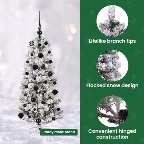 vidaXL Artificial Hinged Christmas Tree in Green, White and Black, Height: 120 cm – 5