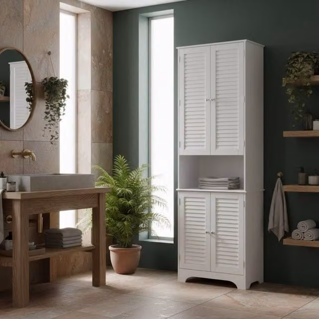 Wyld Haus Vihave Tall Bathroom Cabinet with Roll Shutter Doors in White