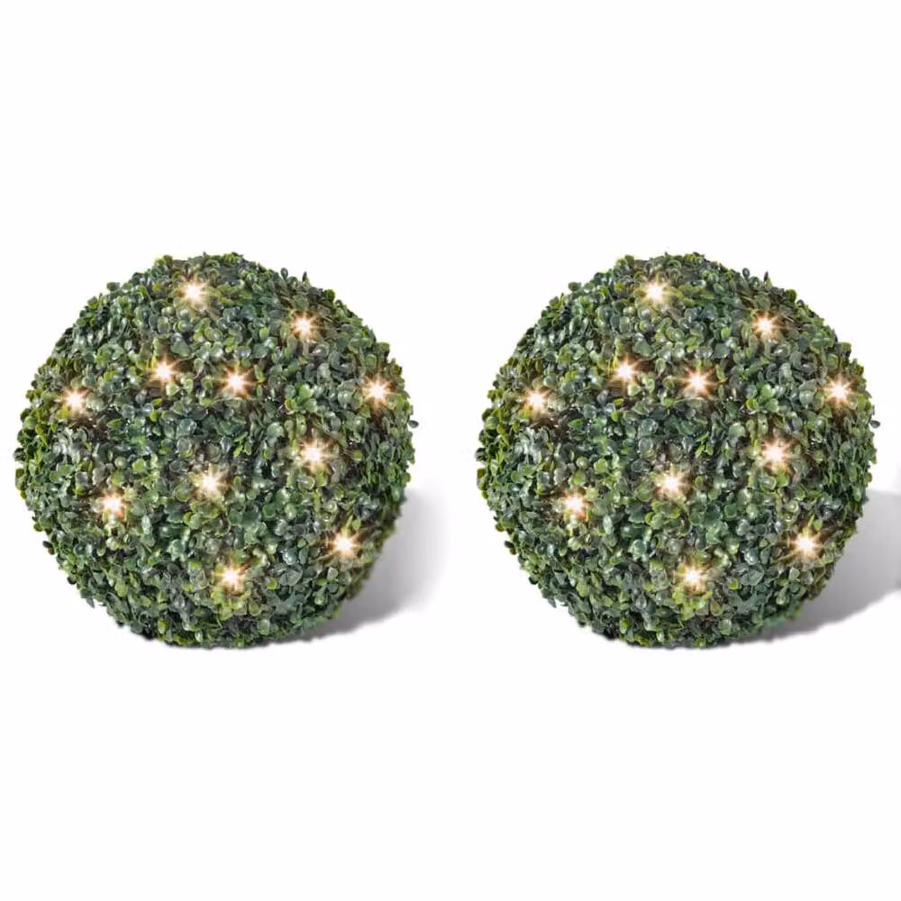 Berkfield Home Artificial Leaf Topiary Ball with Solar LED String Lights, 2 Pack, Green, Diameter: 27 cm – 2