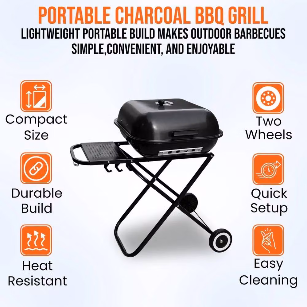 FLAVORA Foldable Charcoal BBQ Grill Cart Wheeled Trolley in Black, W/D/H: 100 x 100 x 100 cm – 2
