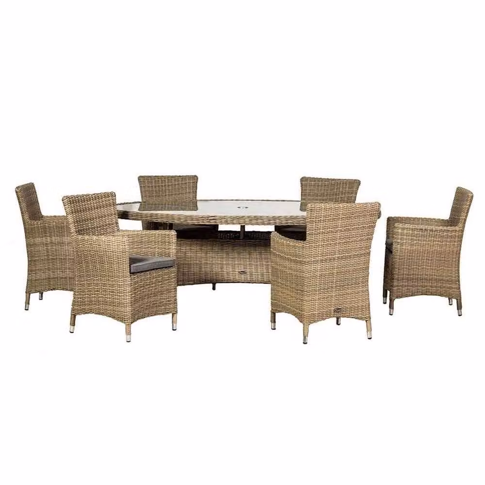 A-MIR Wentworth 6 Seater Ellipse Carver Dining Set in Beige Synthetic Rattan with Glass Top – 2