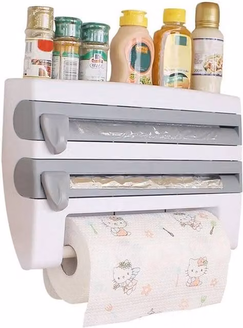 PAWNORA 4 in 1 Wall Mounted Kitchen Roll, Cling Film and Foil Dispenser in Grey