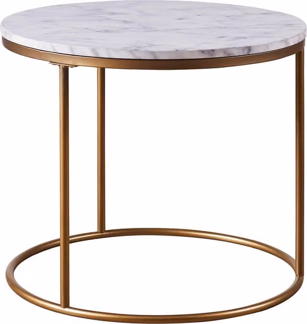 Teamson Home Versanora Round Faux Marble Side Table with Brass Metal Legs in White
