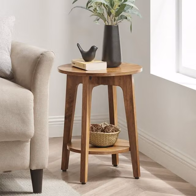 VASAGLE Brown Round Side Table with Lower Shelf and Four Legs