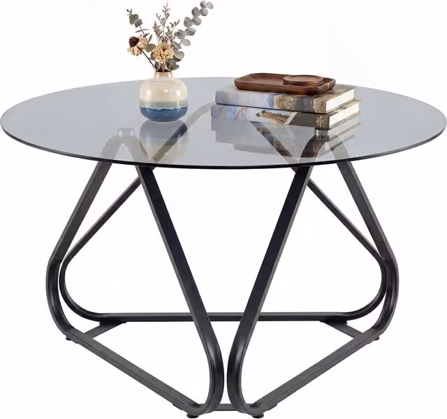Costway Modern Round Glass Coffee Table with Black Metal Sled Base