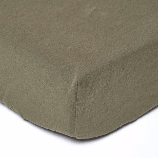 Homescapes Linen and Combed Cotton Fitted Sheet, Olive Green, W/D/H: 200 x 200 cm