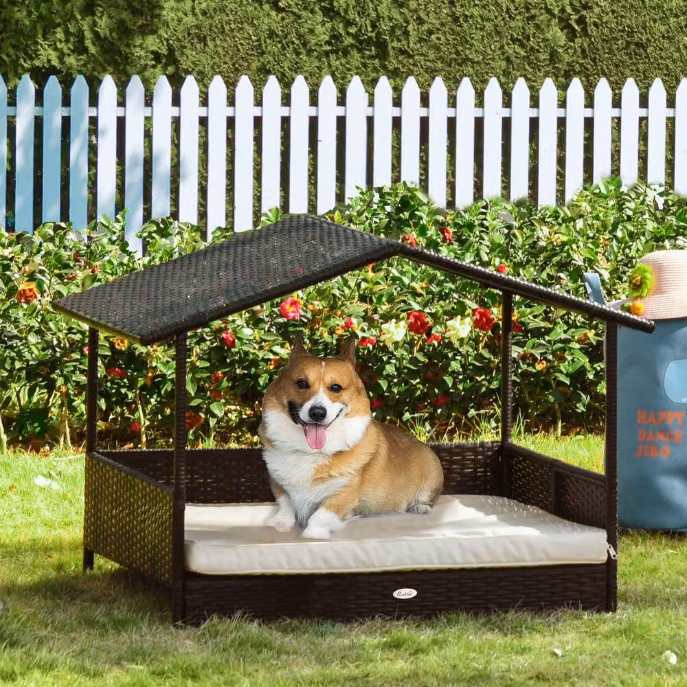 ERGOVEXA Black Rattan Wicker Dog House with Removable Cushion, Canopy and Weatherproof Design – 4
