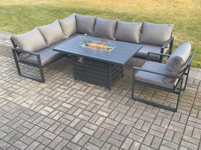 Fimous 7 Seater Aluminium Outdoor Garden Furniture Set with Dark Grey Corner Sofa and Gas Fire Pit Dining Table