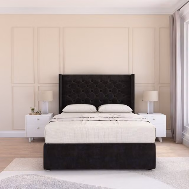 Sloomy Dior Wing Bed Set with Ortho Sprung Mattress and 54 inch Floor Standing Headboard in Black Plush Velvet, W/D/H: 120 x 200 cm