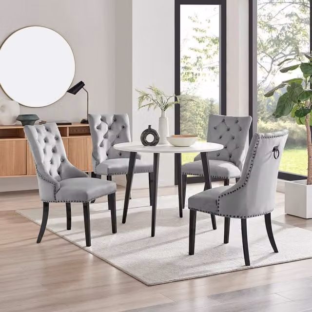 FurnitureboxUK Koko White Melamine Round Dining Table and 4 Belgravia Black Leg Chairs in Grey