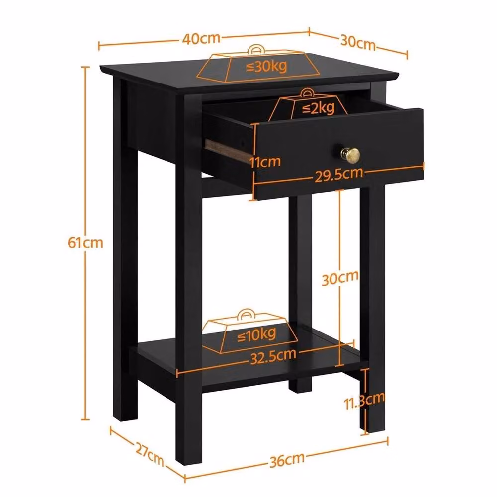 Kelvenix Small Bedside Table with Drawer in Black – 2