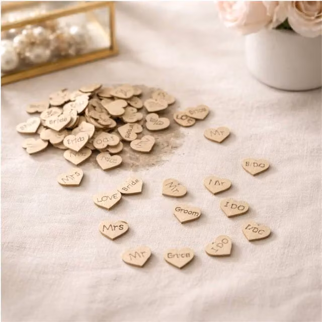 Marco Paul Mr & Mrs Wooden Heart Wedding Confetti Table Decor in Beige – 1