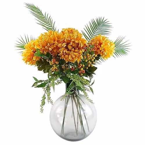 Leaf Design Mixed Floral Artificial Flower Display with Round Glass Vase in Grey, Orange, Green, Gold and Yellow