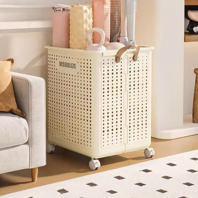 Lifeideas Collapsible Plastic Laundry Basket with Wheels and Handles, Beige and Yellow, Width: 36 cm