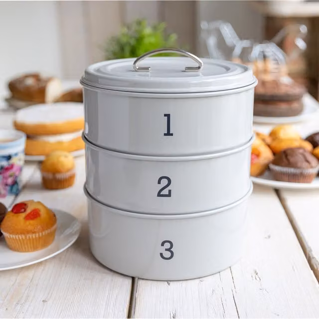 Kitchen Craft Living Nostalgia Three Tier Stackable Airtight Metal Cake Tin, Grey