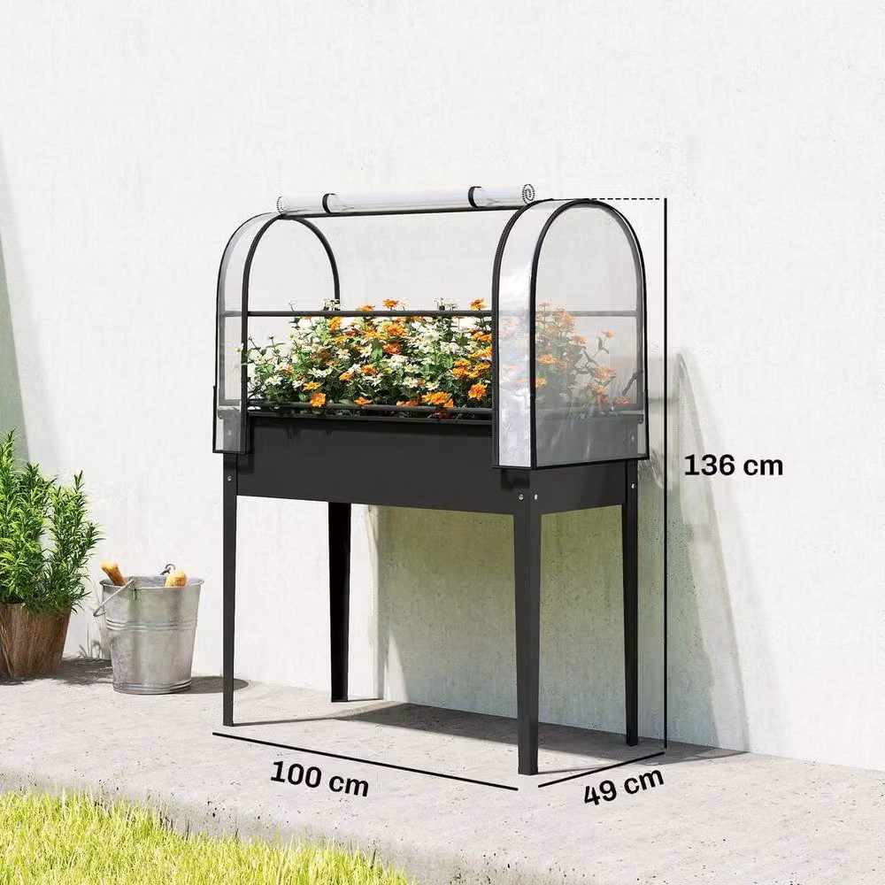 SPETLEK Black Freestanding Raised Planter with Flip-Top Greenhouse, W/D/H: 100 x 49 x 136 cm – 2