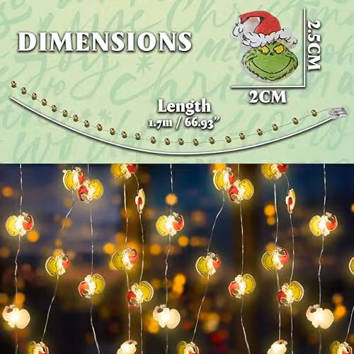 United Essentials The Grinch LED Christmas String Lights, Battery Operated, Green and Multicolour, 170 cm – 5
