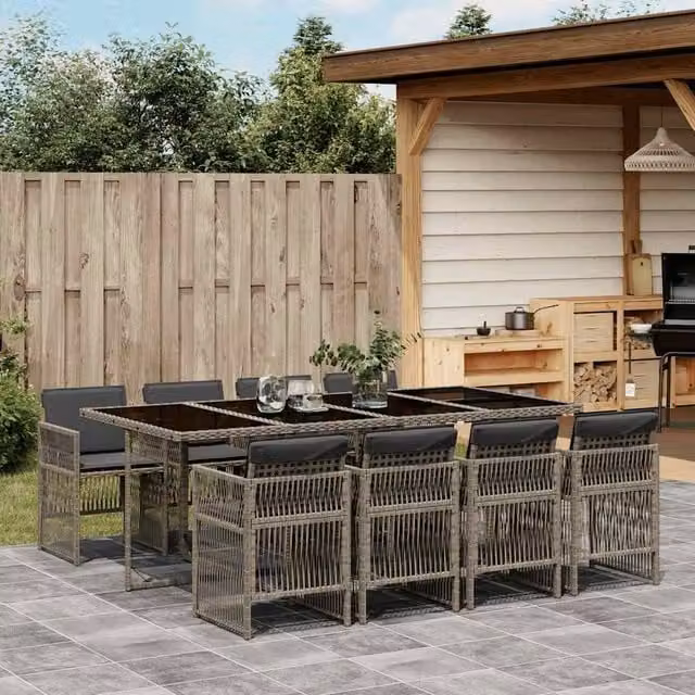 Berkfield Home Modern Polyrattan Garden Dining Set in Grey and Black with Glass Top – 1