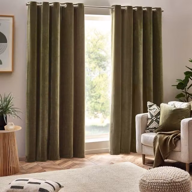 Terrys Green Chenille Velvet Eyelet Curtains, Opaque, Plain Modern Style